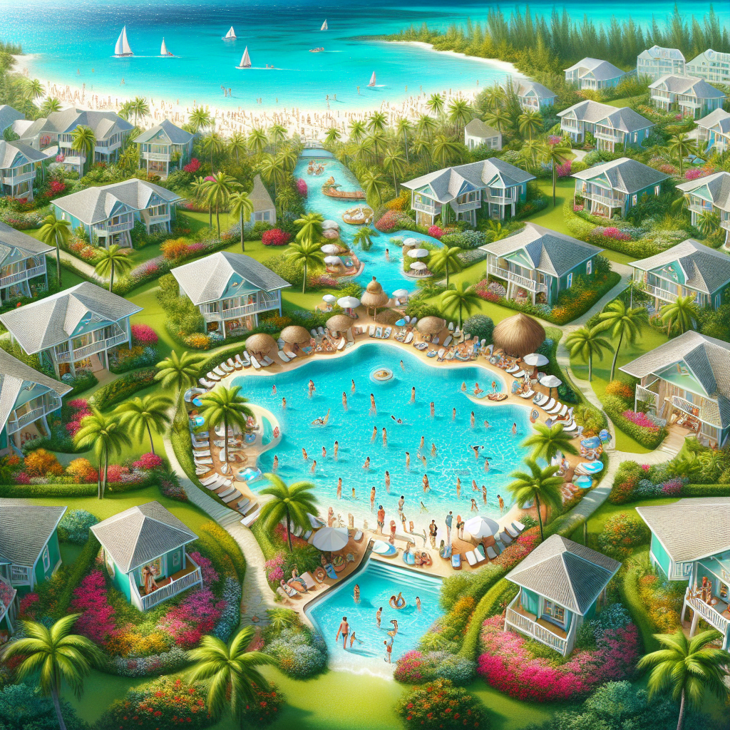 A family-friendly resort in the Bahamas with bungalows, pools, palm trees, and a beach.