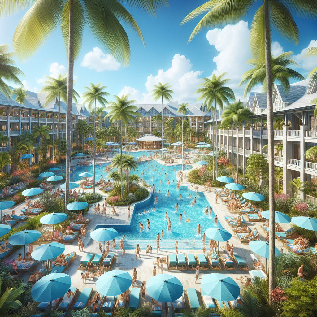 A realistic family resort in the Bahamas with clear skies, palm trees, swimming pools, and modern buildings.