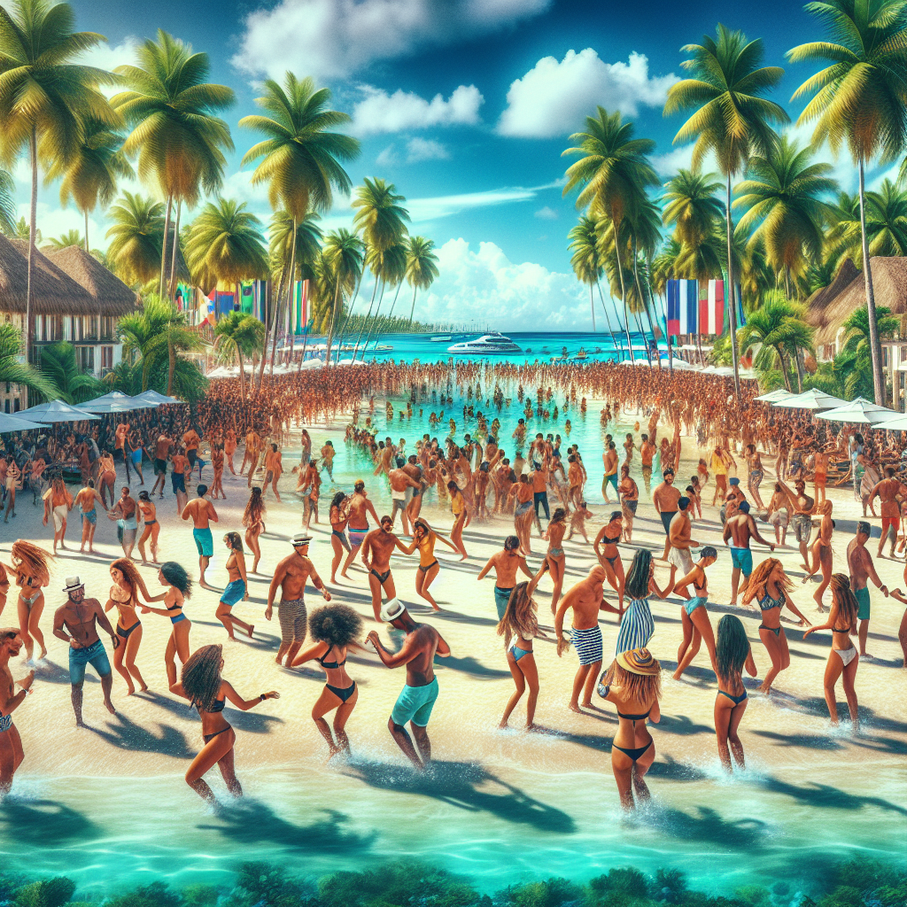 A realistic scene of a Punta Cana beach party.