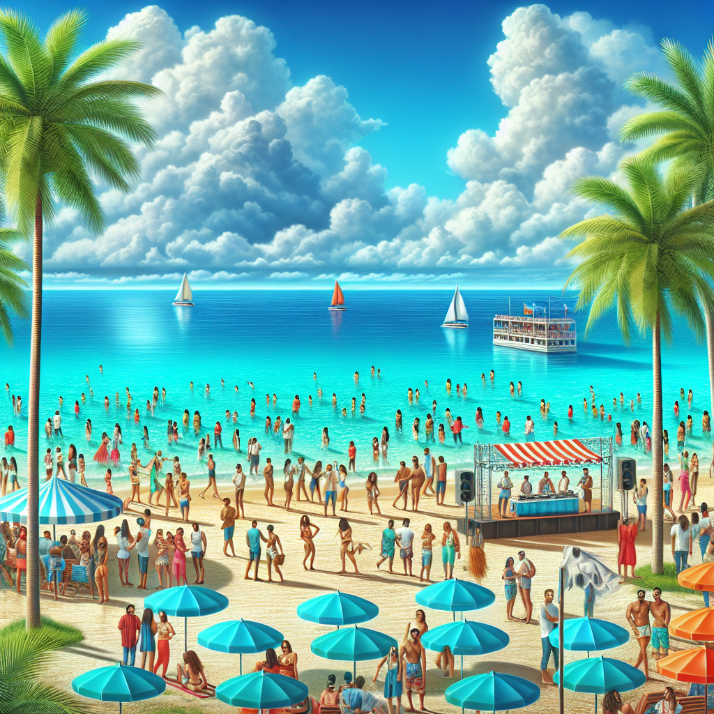 A realistic and vibrant beach party scene in Punta Cana similar to the image provided in the URL, capturing a lively atmosphere with people, palm trees, white sand, and a clear blue ocean.