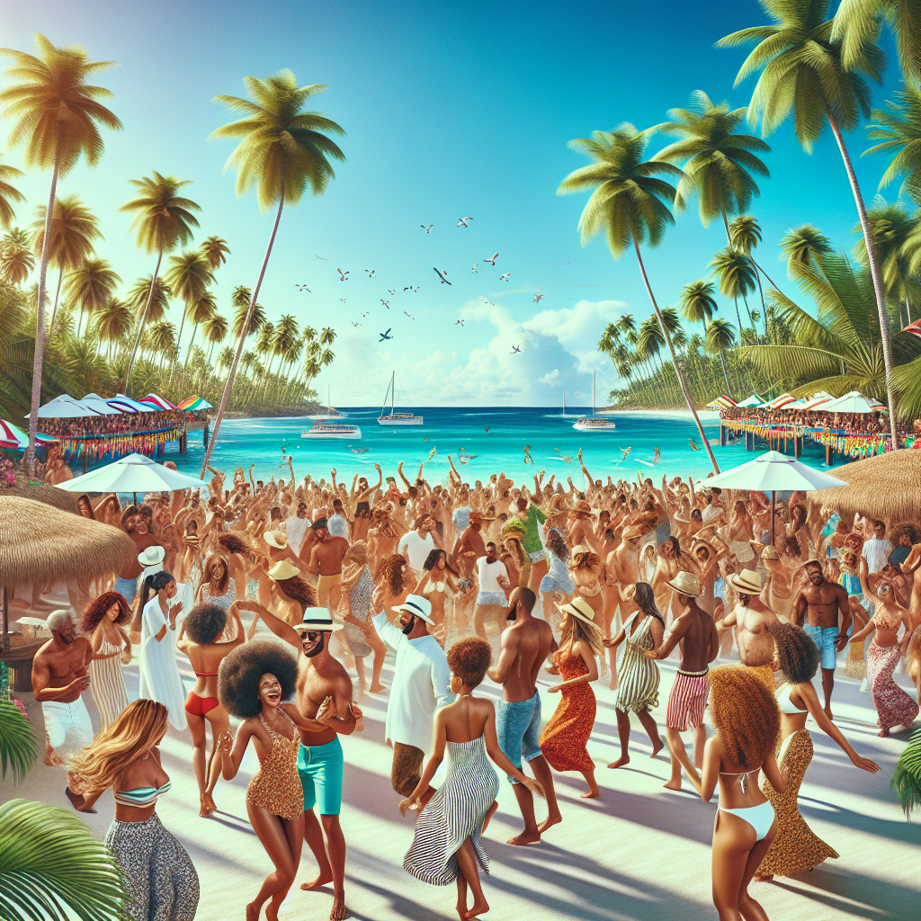 A lively beach party scene in Punta Cana with people, palm trees, and a clear blue sky, reflecting a joyous tropical paradise.