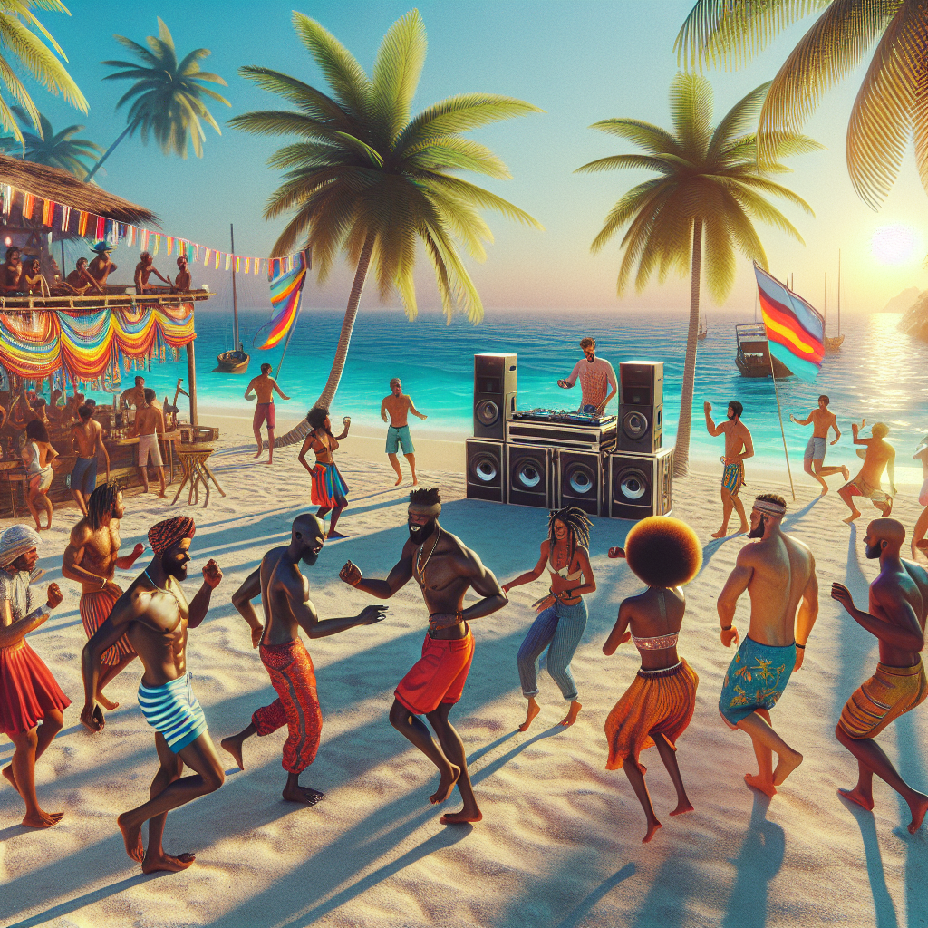 Beach party in Punta Cana with dancing people, palm trees, a blue ocean, and a sunset.