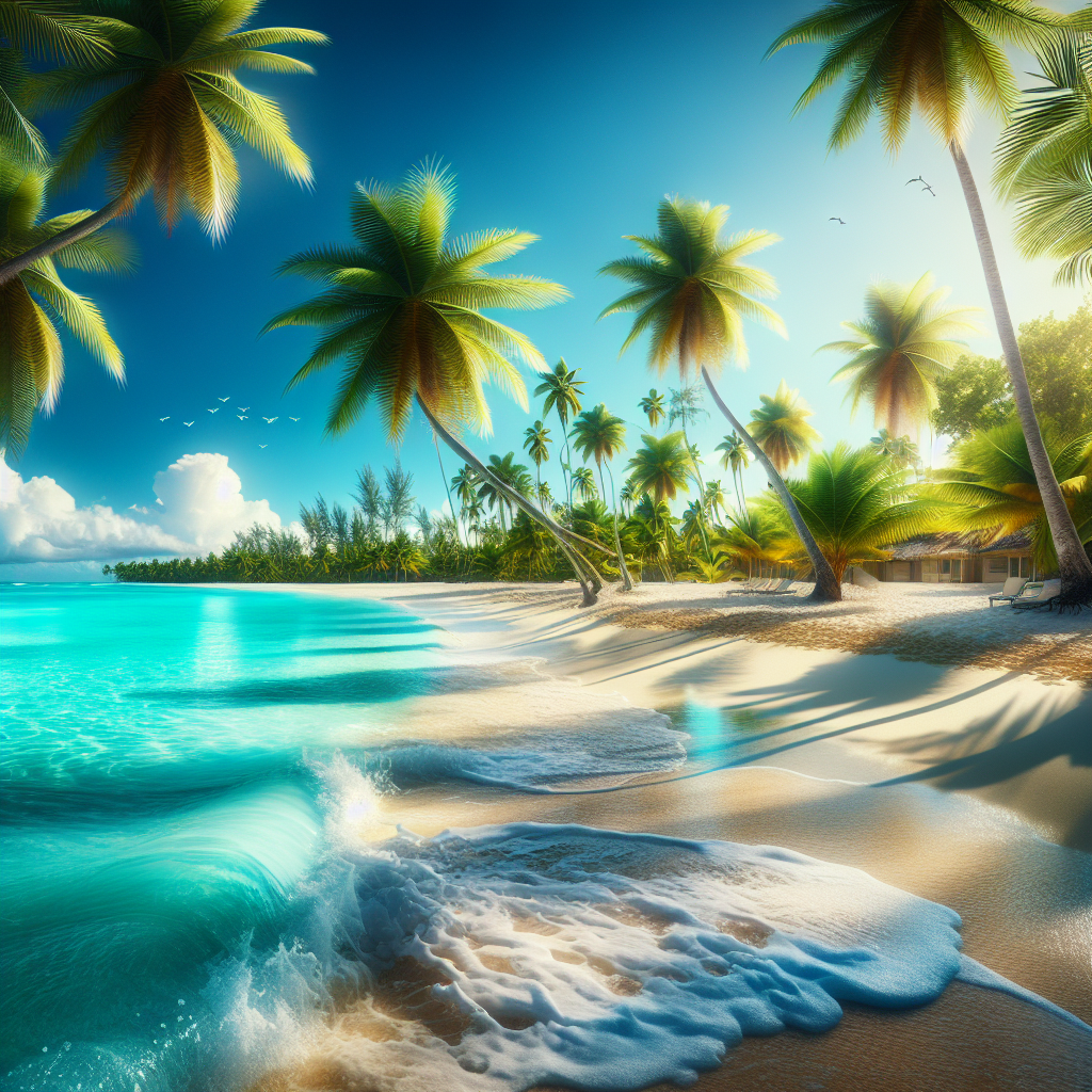 Realistic Caribbean beach scene with clear turquoise waters, white sands, palm trees, and a sunny blue sky.
