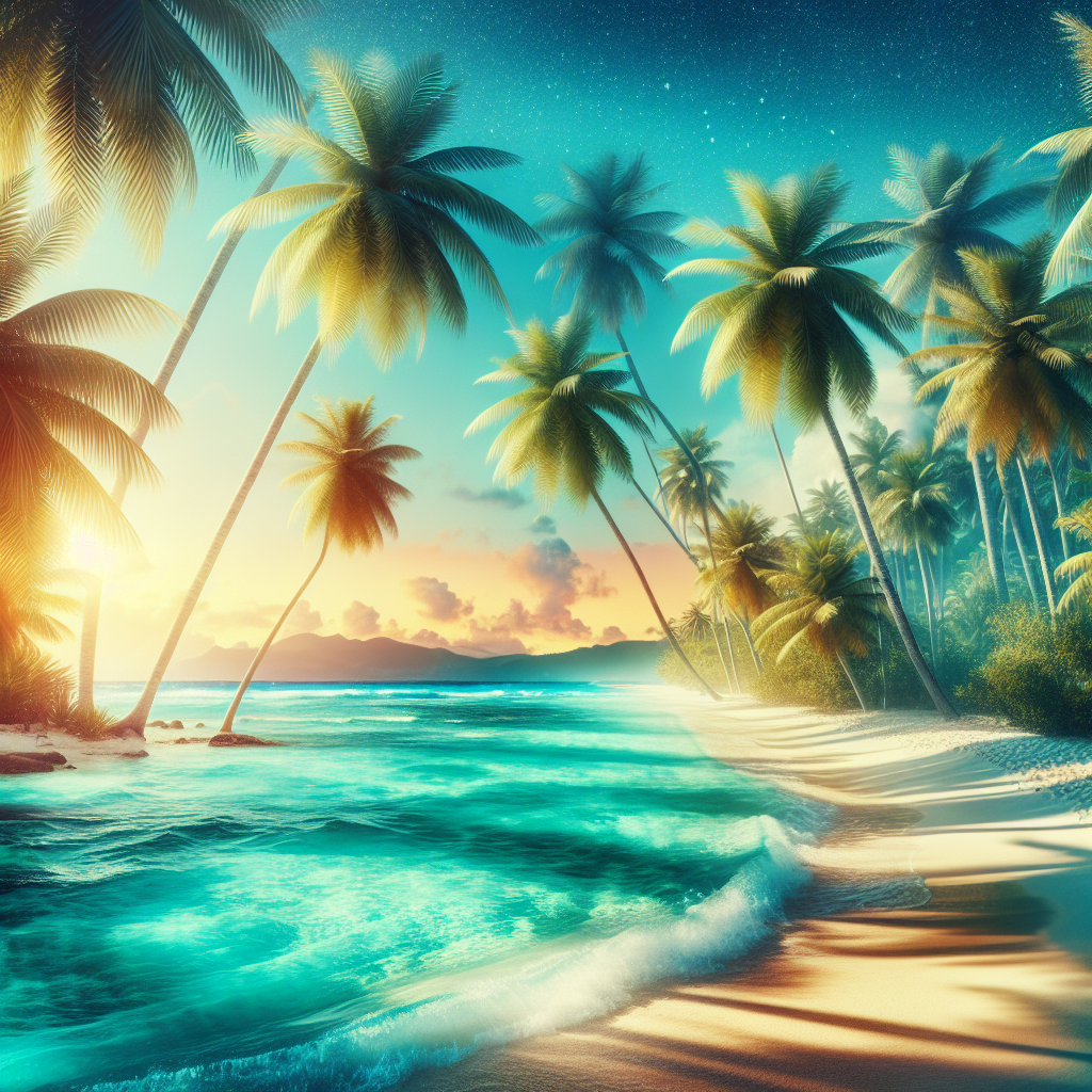 A realistic image of a Caribbean beach with turquoise waters, white sand, and palm trees.