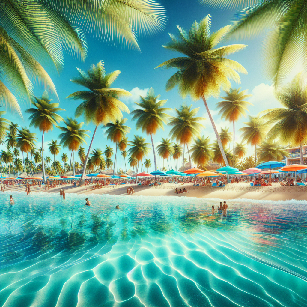 A panoramic, realistic scene of a Caribbean beach with people, umbrellas, clear blue skies, turquoise waters, and palm trees.