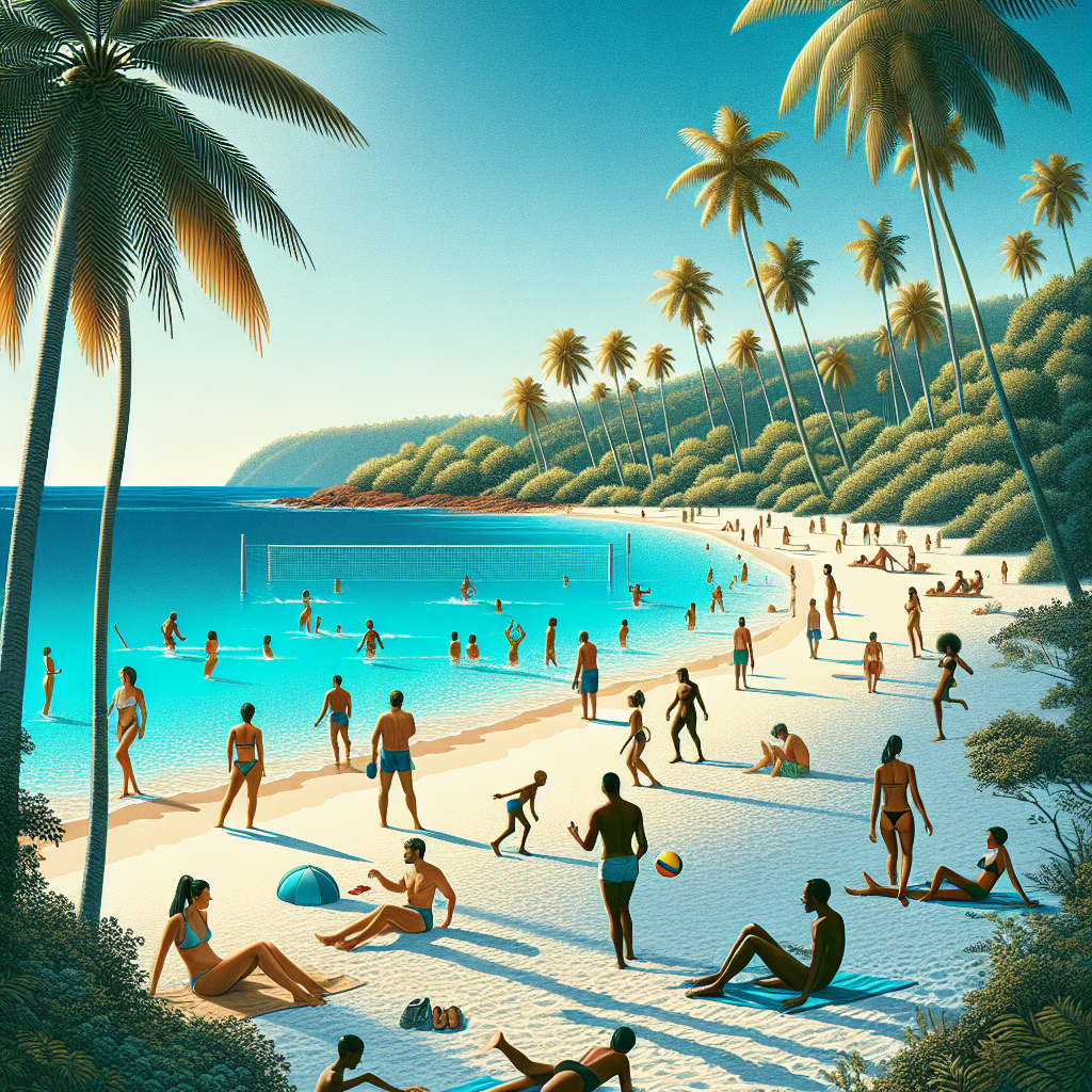 A realistic Caribbean beach scene with beachgoers, swaying palm trees, and a sunset.