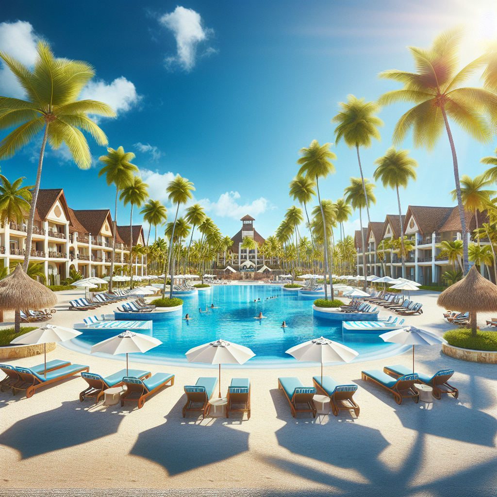 A photo-realistic image of a Punta Cana luxury resort with palm trees, sun loungers, umbrellas, and a swimming pool.