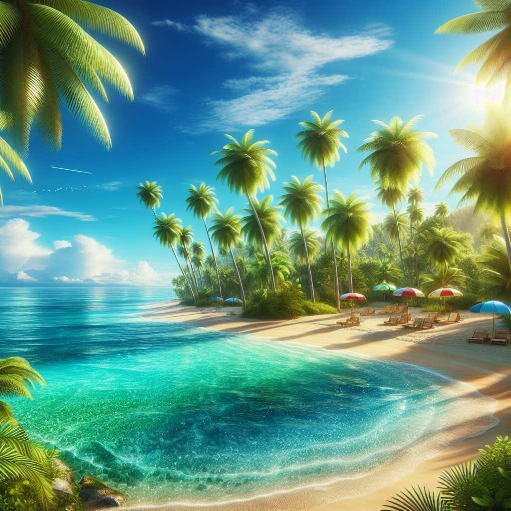 A realistic depiction of a tropical beach with clear turquoise waters, white sandy beach, and lush palm trees.