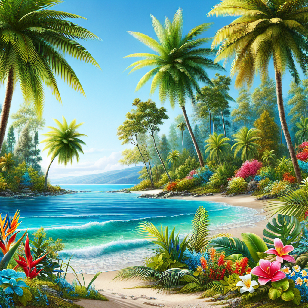 A realistic image of a tropical getaway with lush greenery, clear blue waters, sandy beaches, and vibrant tropical flowers.