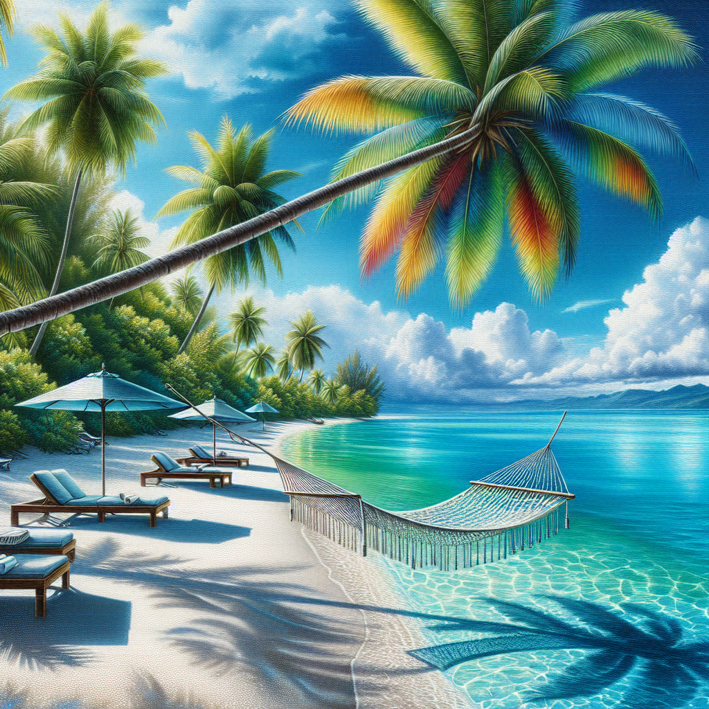 A realistic tropical getaway with turquoise waters, white sand, palm trees, and a hammock.