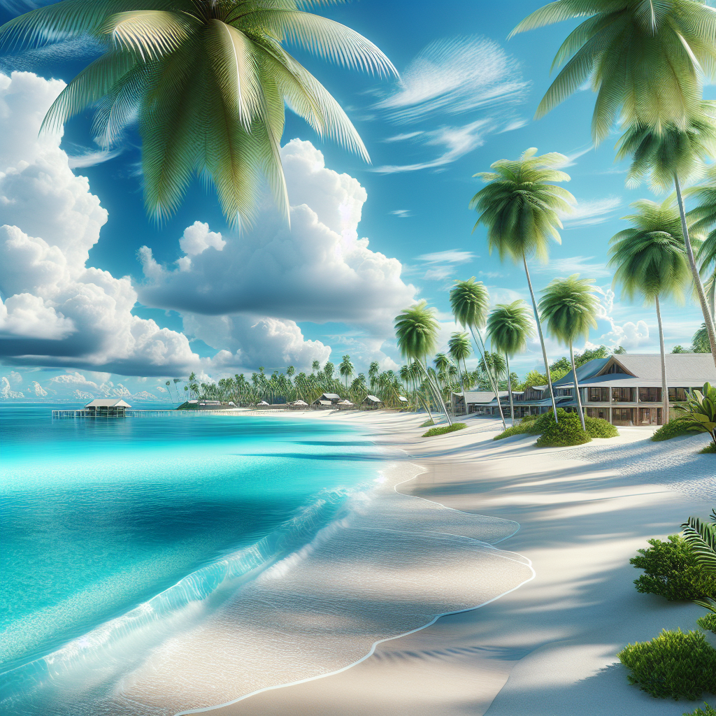 A serene tropical beach in the Bahamas with clear turquoise waters, white sand, and palm trees.