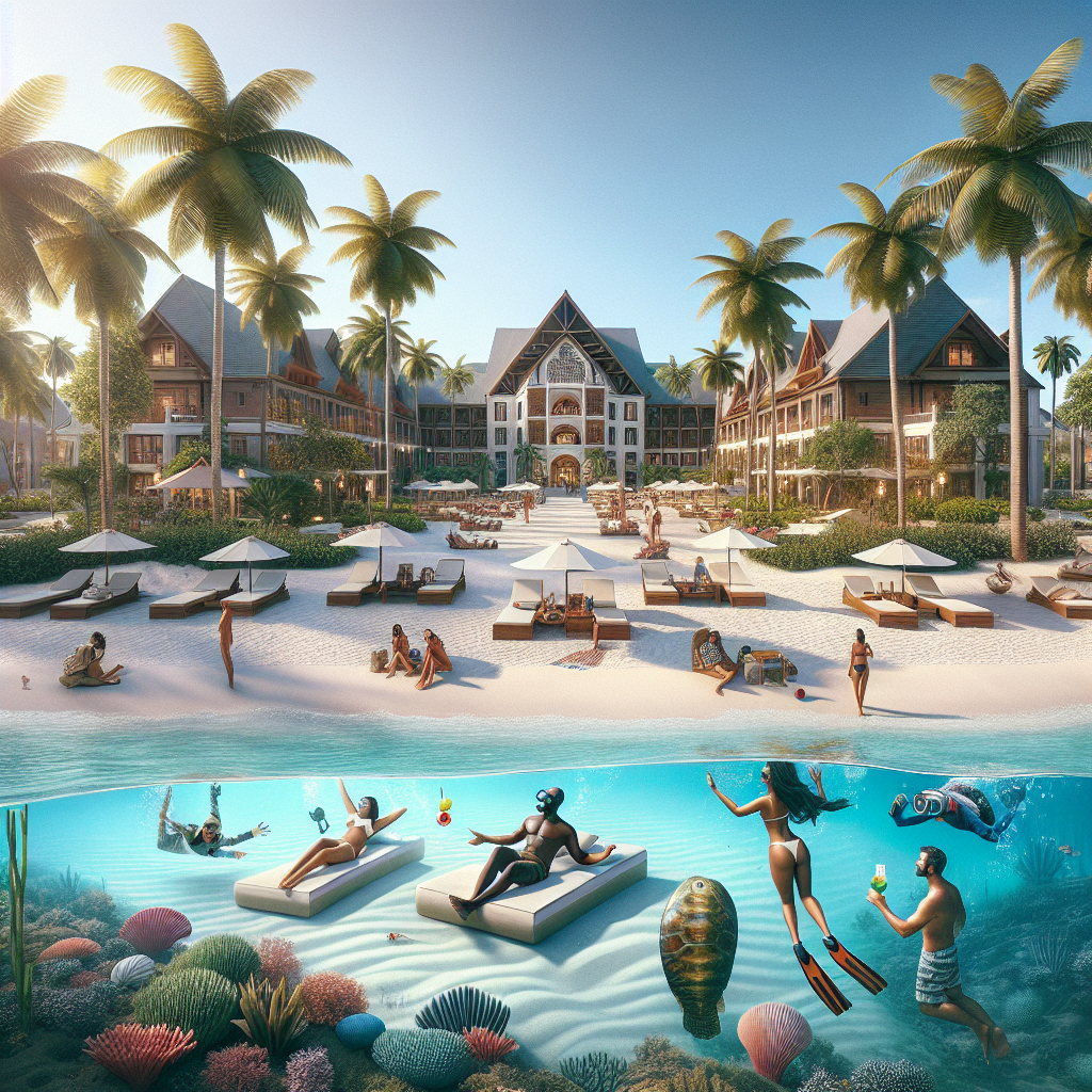 A realistic image of a Bahamas vacation with beaches, clear waters, palm trees, and a resort.