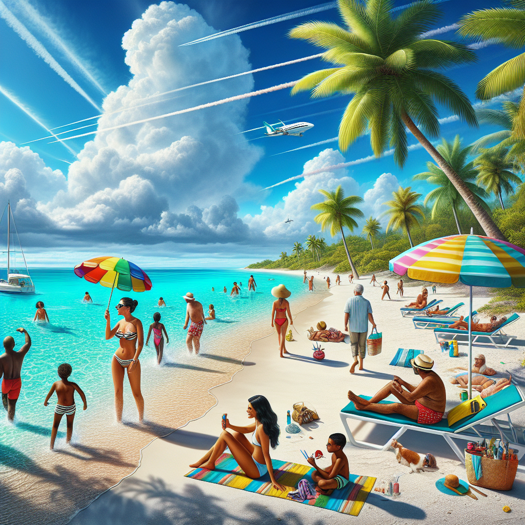 A realistic beach scene in the Bahamas with white sands, clear waters, palm trees, and people enjoying their vacation.