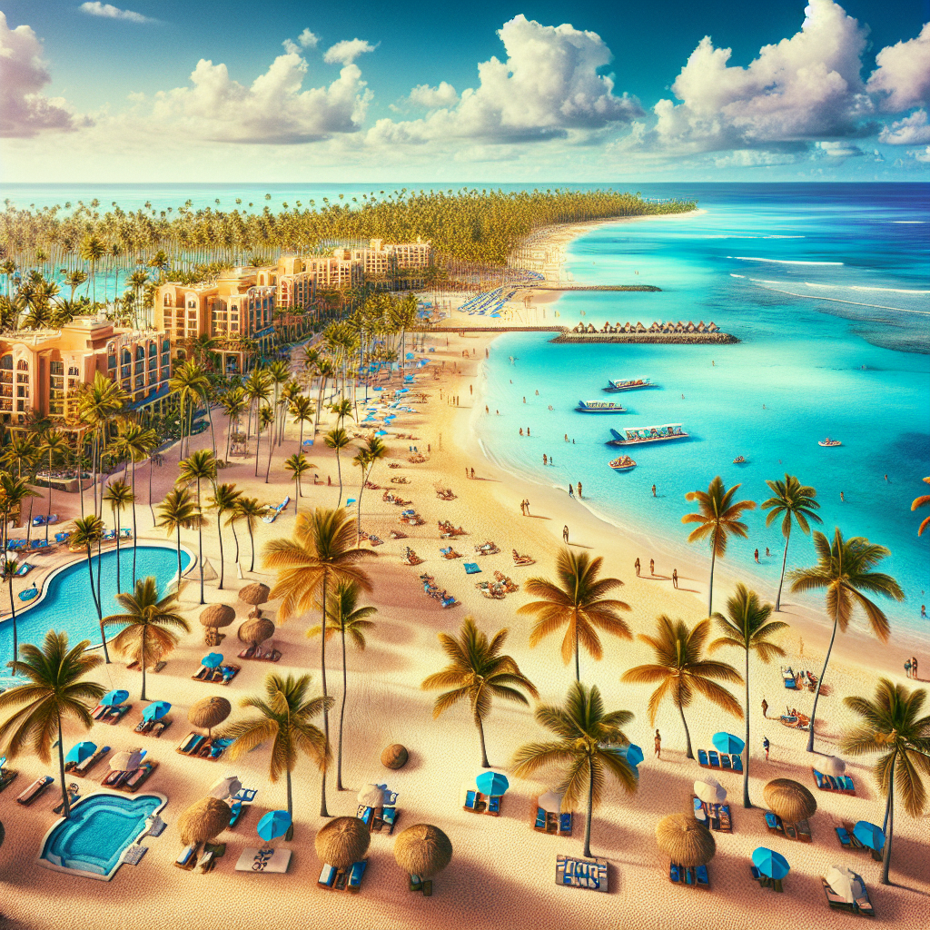 A realistic depiction of Punta Cana resorts with sandy beaches, clear water, palm trees, and beachfront accommodations.