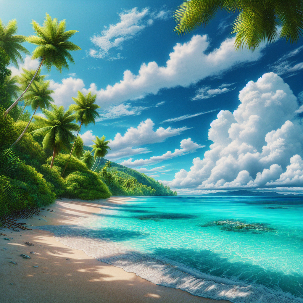 Realistic image of the Mayan Riviera beach with turquoise waters, white sands, tropical greenery, and clear blue skies.