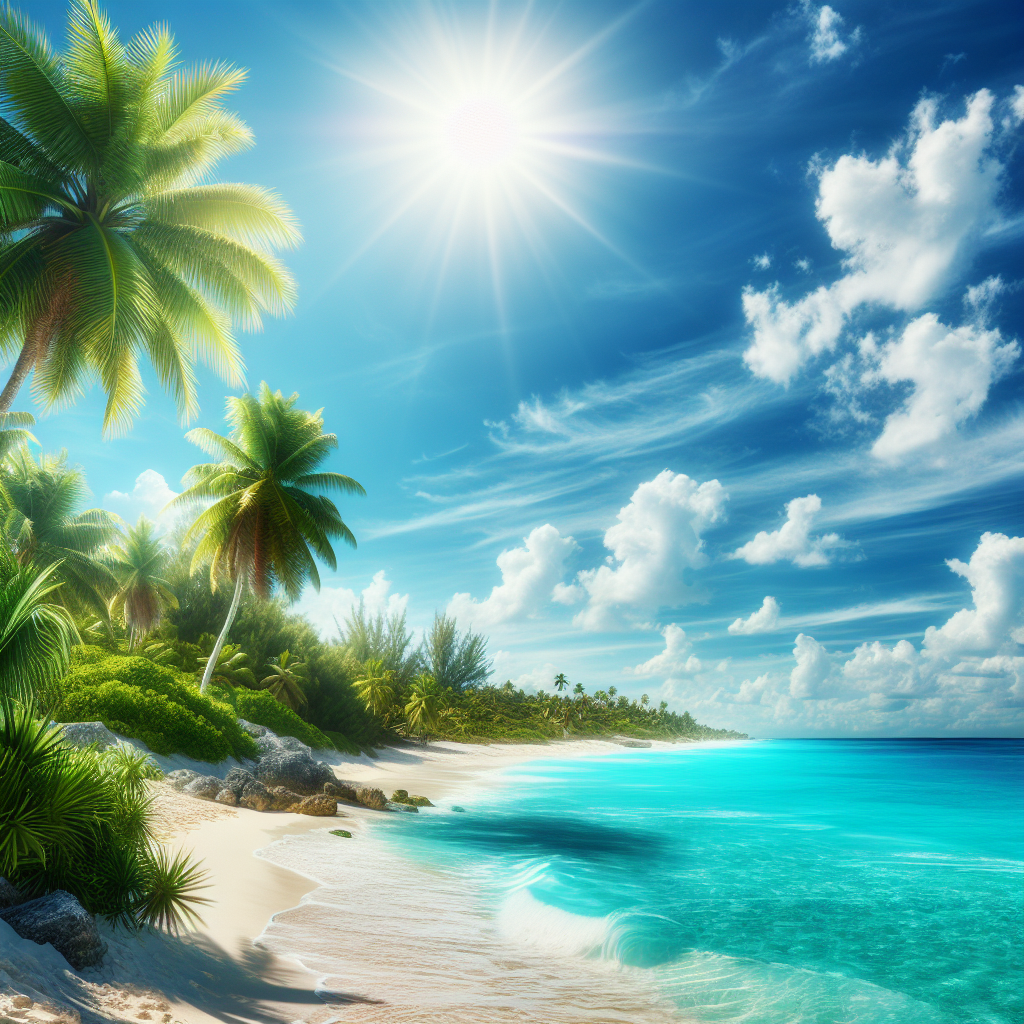 A realistic depiction of the Mayan Riviera beach with turquoise waters, white sand, and lush tropical vegetation.