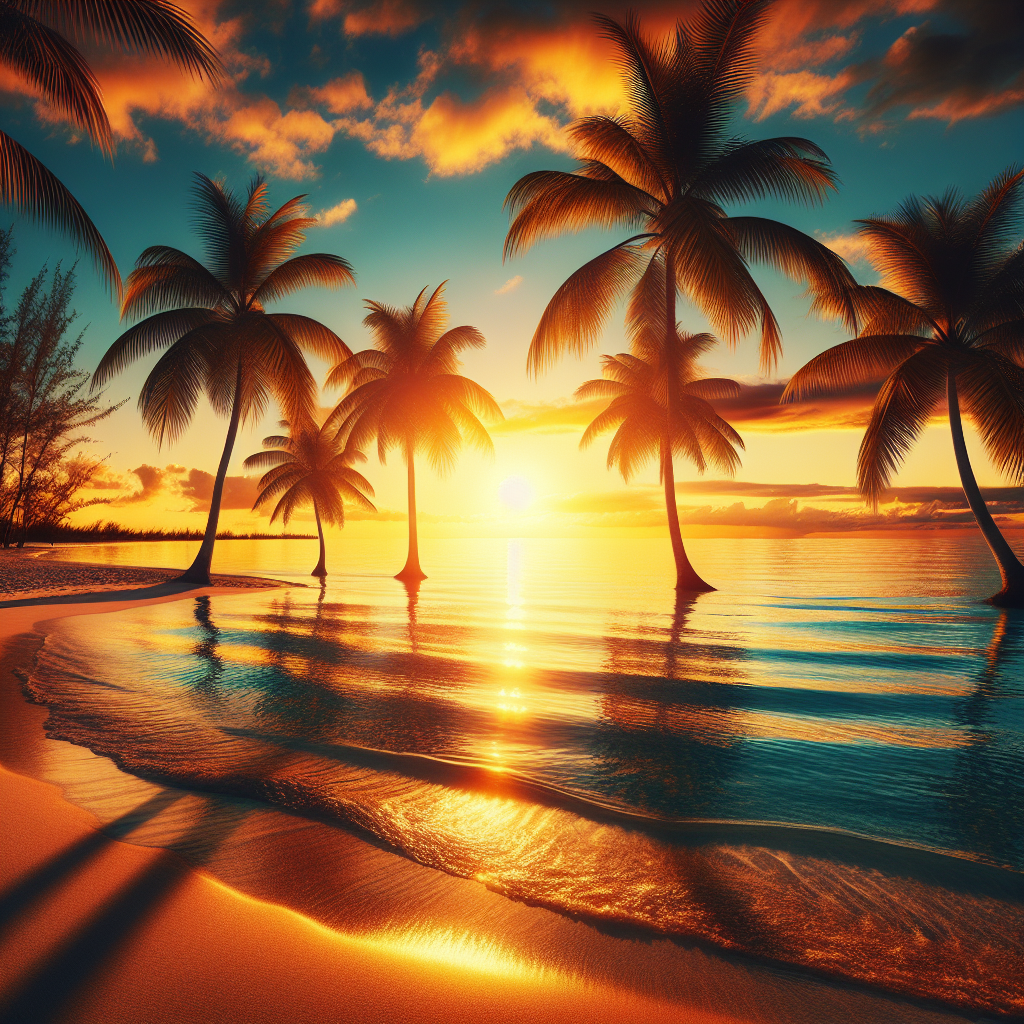 A realistic sunset on a Bahamas beach with palm trees, orange and golden hues reflecting on the tranquil ocean.