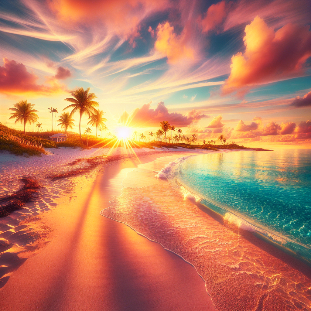 A realistic depiction of a beach in the Bahamas at sunset with golden light, palm trees, and turquoise waters.