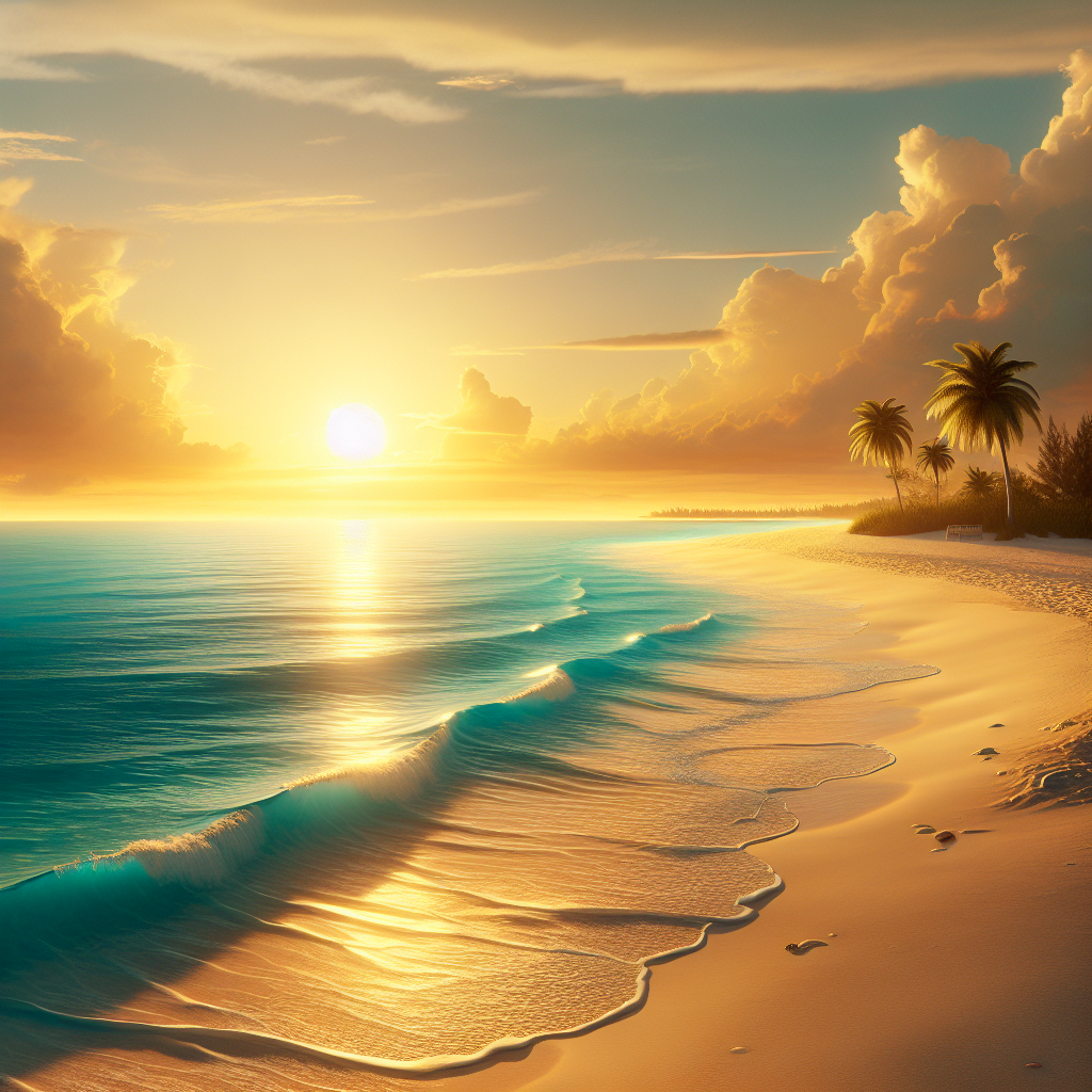 A realistic sunset on a Bahamas beach with golden sky, ocean waves, and palm trees.