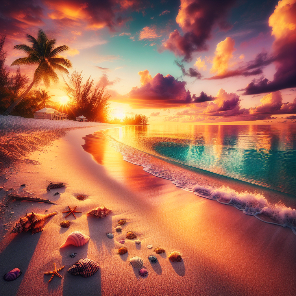 Realistic image of a serene Bahamas beach sunset with golden hues, palm trees, and gentle waves.