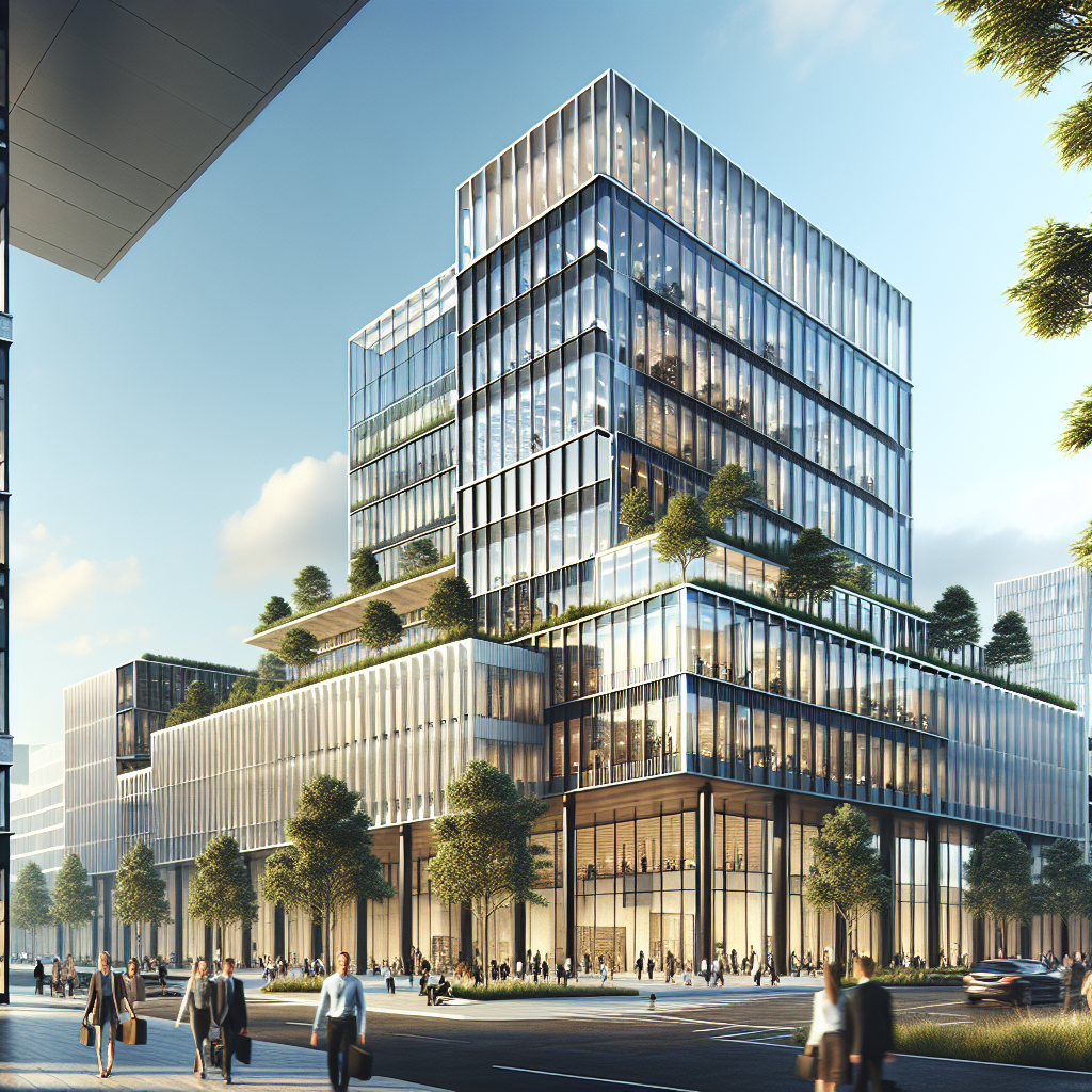 Realistic image of the Klook headquarters with modern architecture and glass facades.