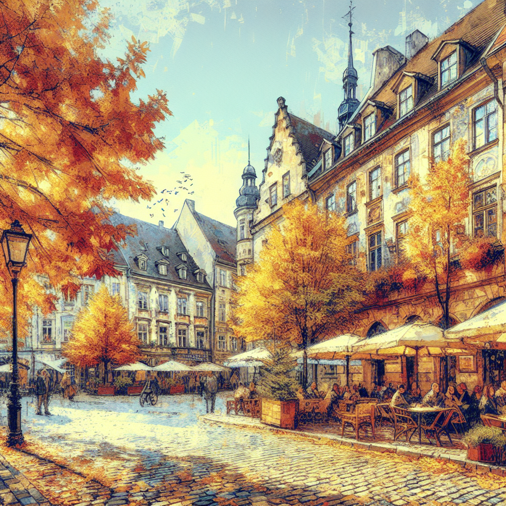 A realistic depiction of an October day in Europe with autumn leaves, cobblestone streets, and charming architecture.