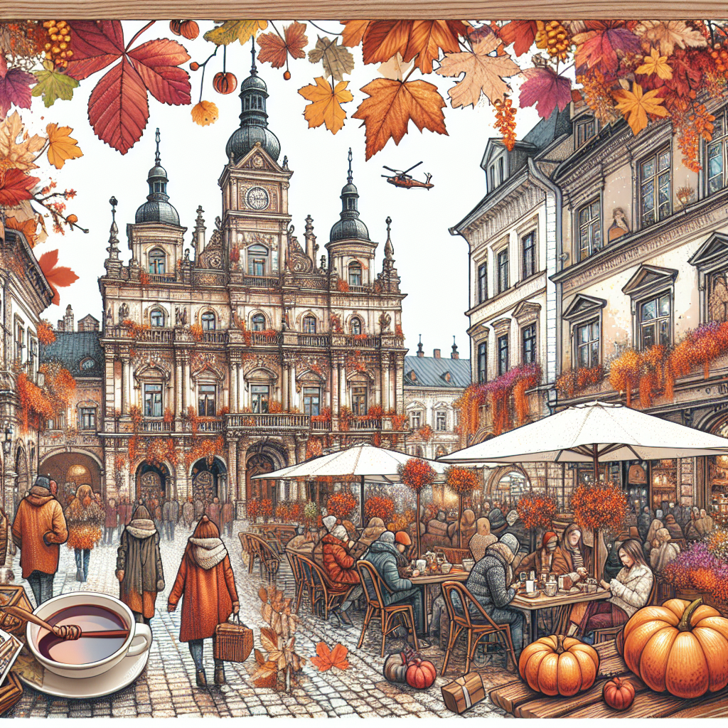 Realistic depiction of October in Europe with autumn leaves, cobblestone streets, cozy cafes, and historic architecture.