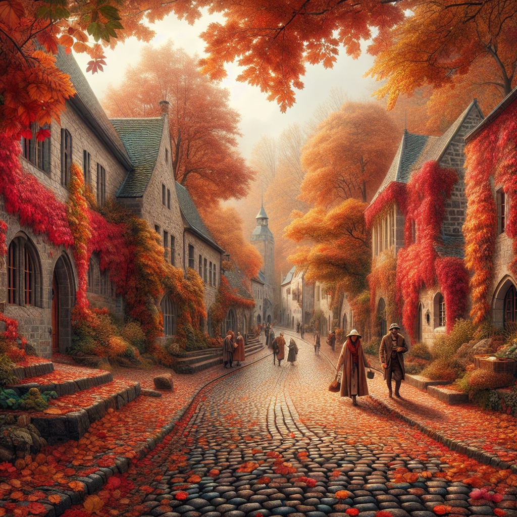 A realistic image of October in Europe with autumnal landscapes, cobblestone streets, and people in cozy attire.