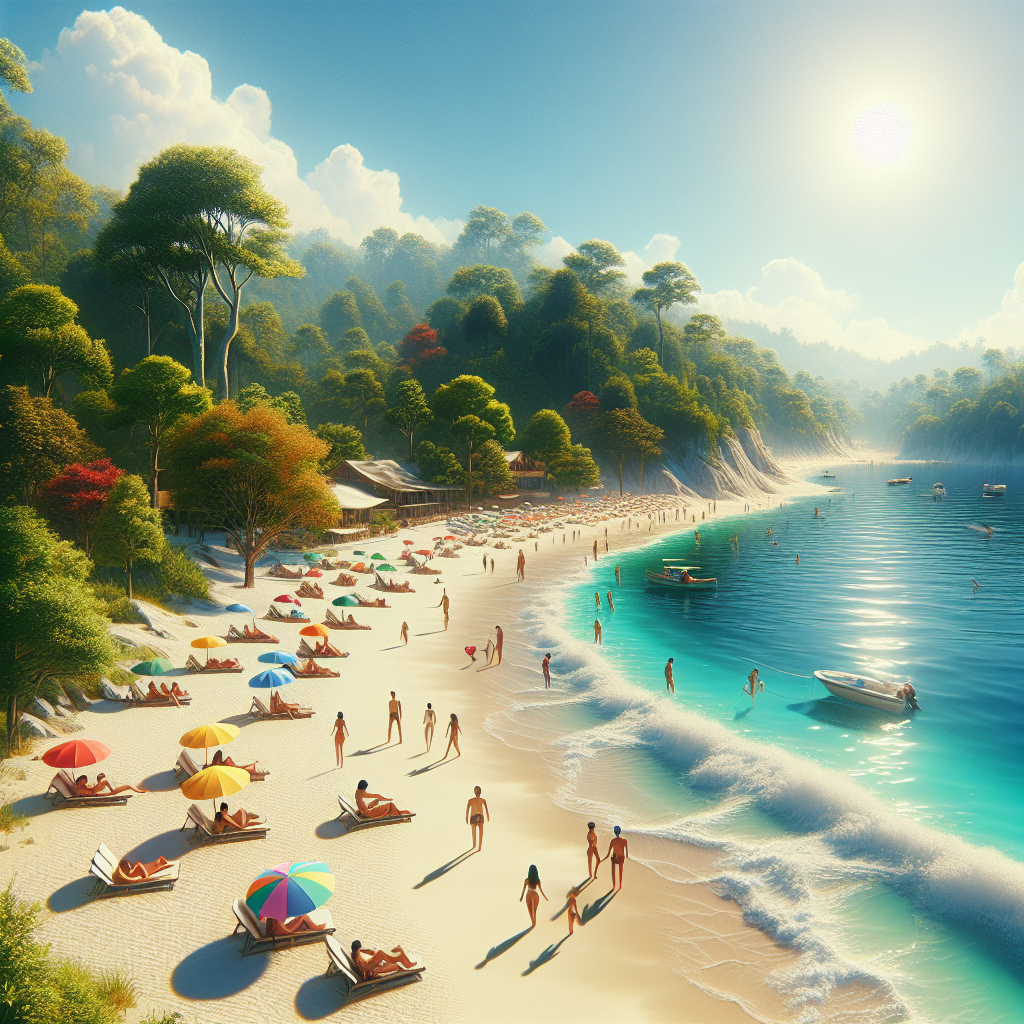 Realistic depiction of Nassau Beach with white sand, clear blue water, umbrellas, and beachgoers.