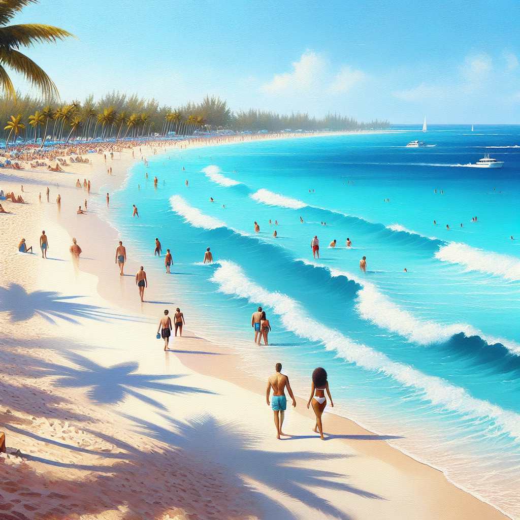 A realistic view of Nassau Beach with white sands, turquoise waters, and clear blue skies.