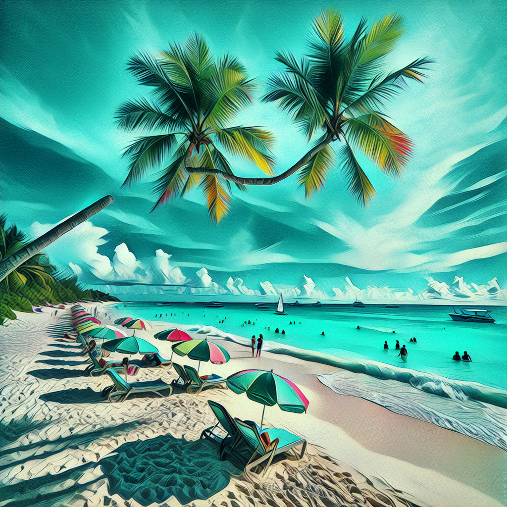 A realistic depiction of Nassau beach with turquoise waters, sandy shore, green palm trees, and beachgoers.