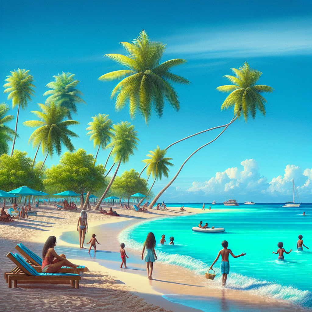 A realistic beach scene in Nassau with turquoise waters, sandy shores, and palm trees.