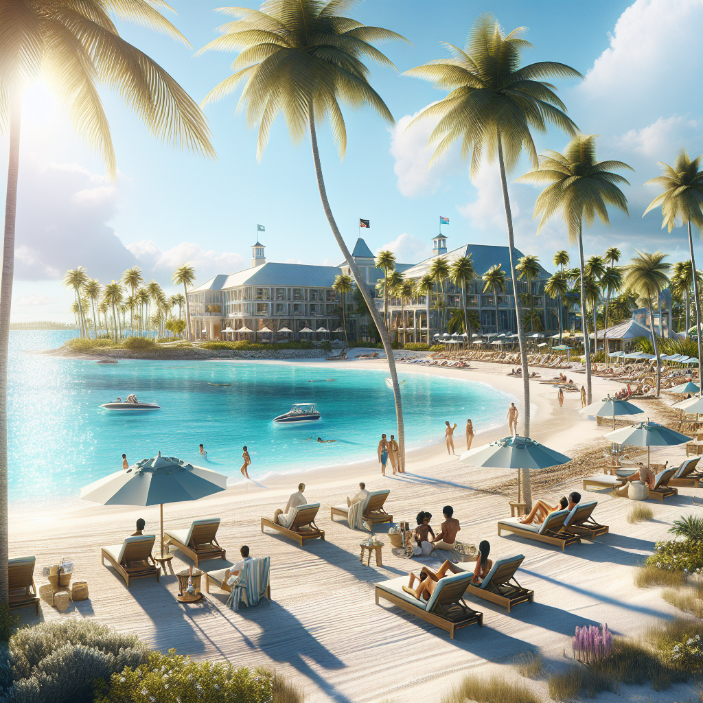 A realistic image of a luxury Bahamas resort beach.