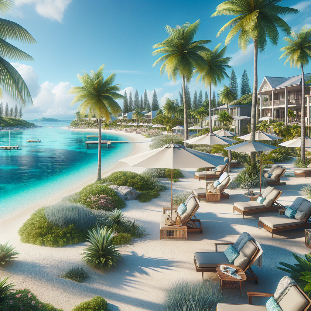 A pristine Bahamas resort beach with white sands, turquoise waters, and tropical greenery.