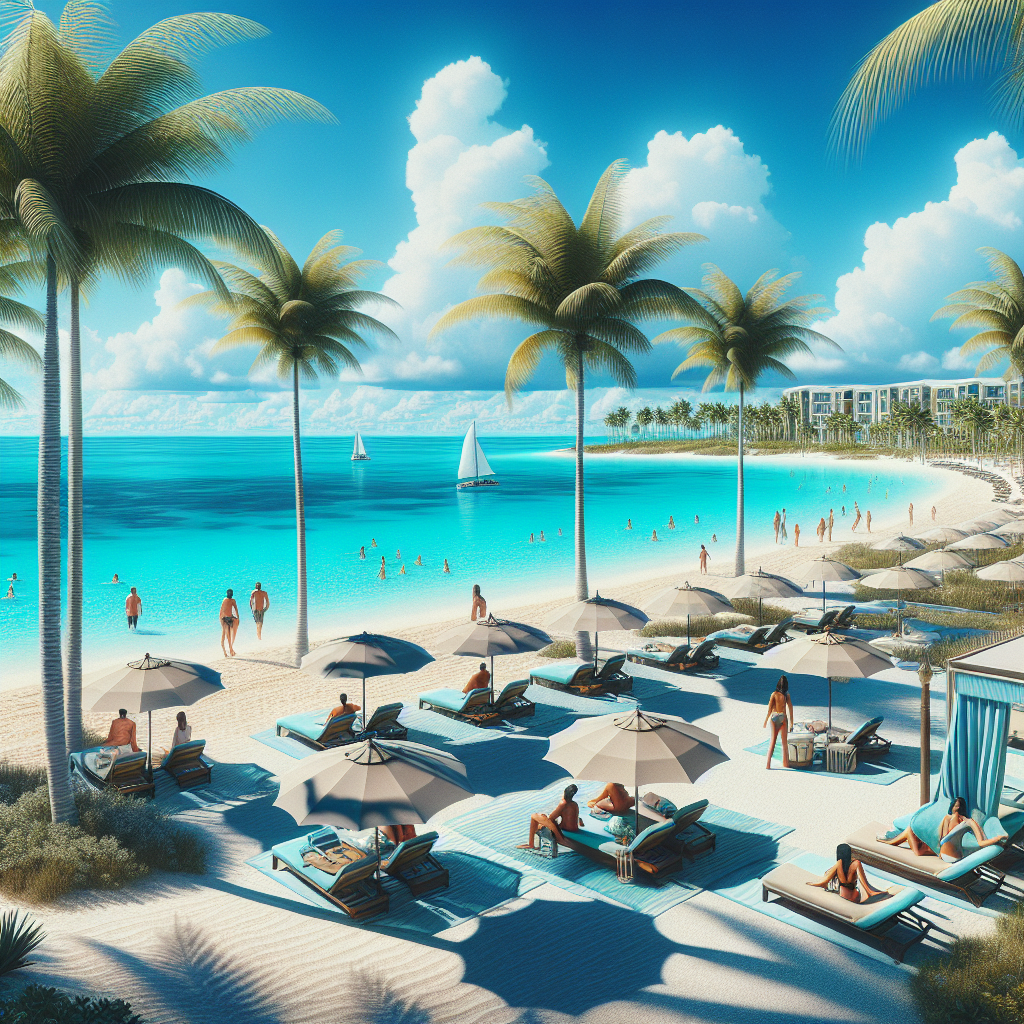 A realistic depiction of a Bahamian resort beach with turquoise waters, white sand, palm trees, and people relaxing in a tropical setting.