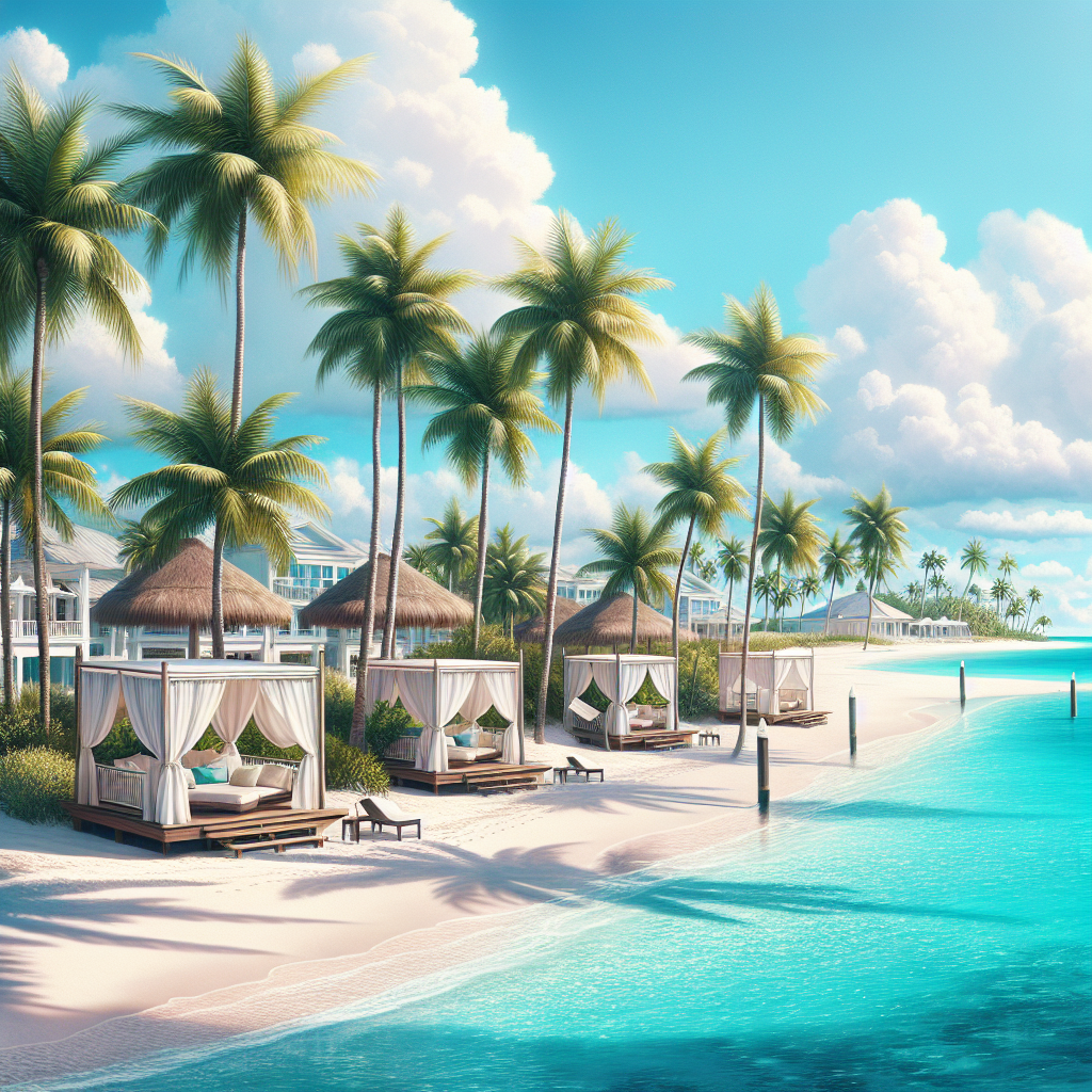 A realistic image of a pristine beach resort in the Bahamas with clear turquoise water, white sandy beaches, and luxurious beachside cabanas.