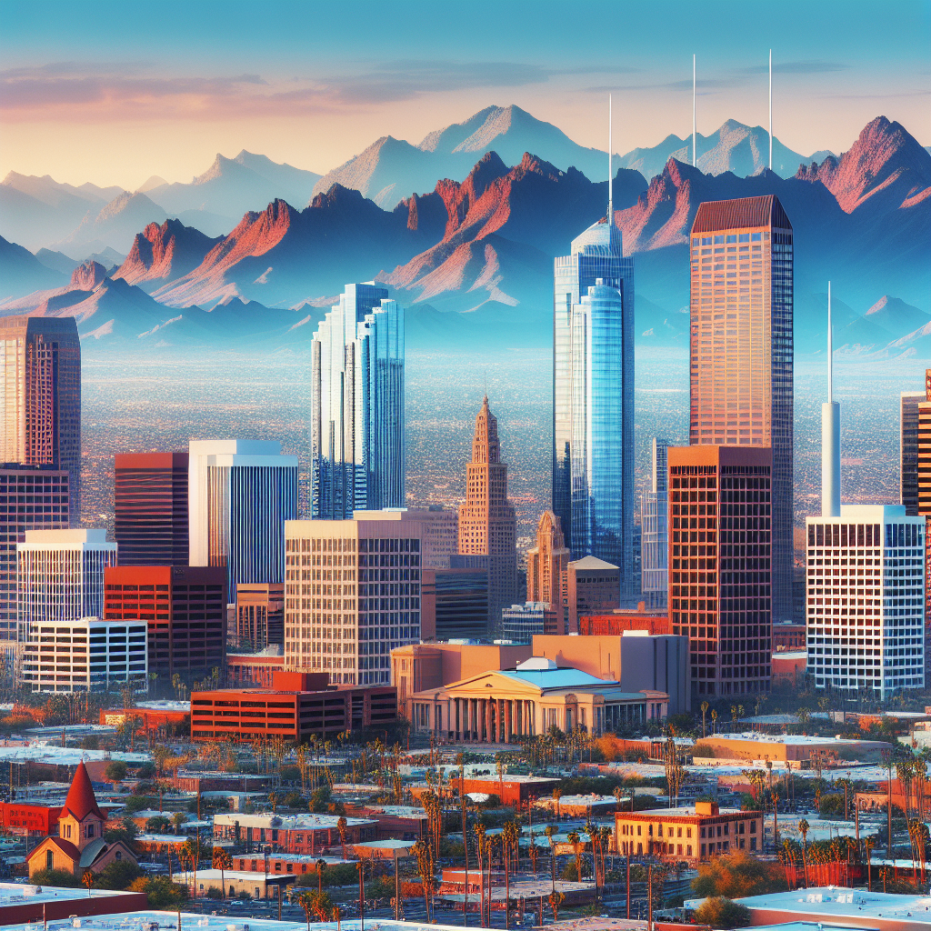 A realistic depiction of the Phoenix skyline with architectural details and natural scenery.