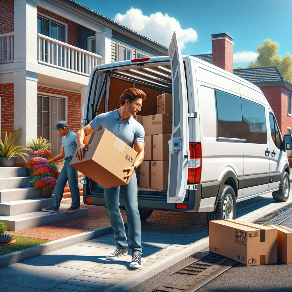 A man loading a box into a van in a suburban setting.