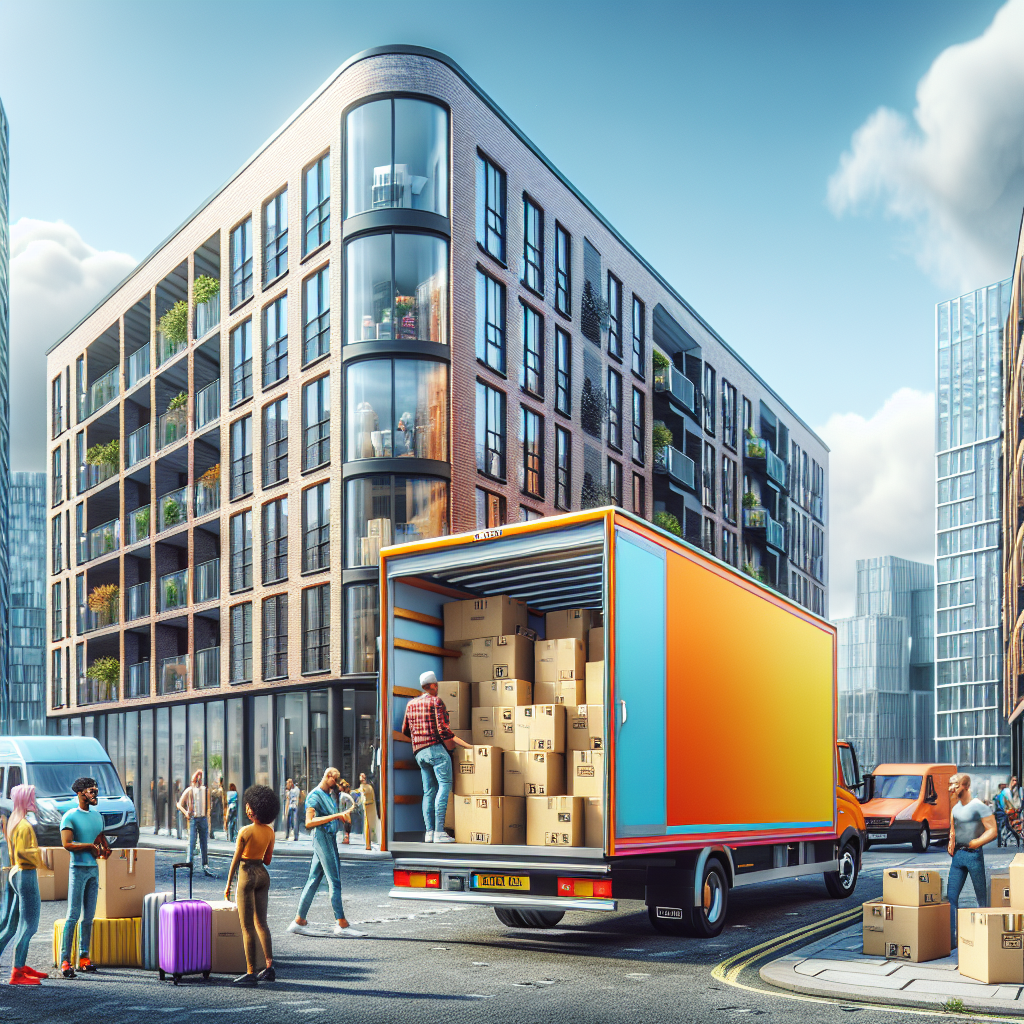 A moving truck parked outside a modern apartment building in Manchester with people loading boxes.