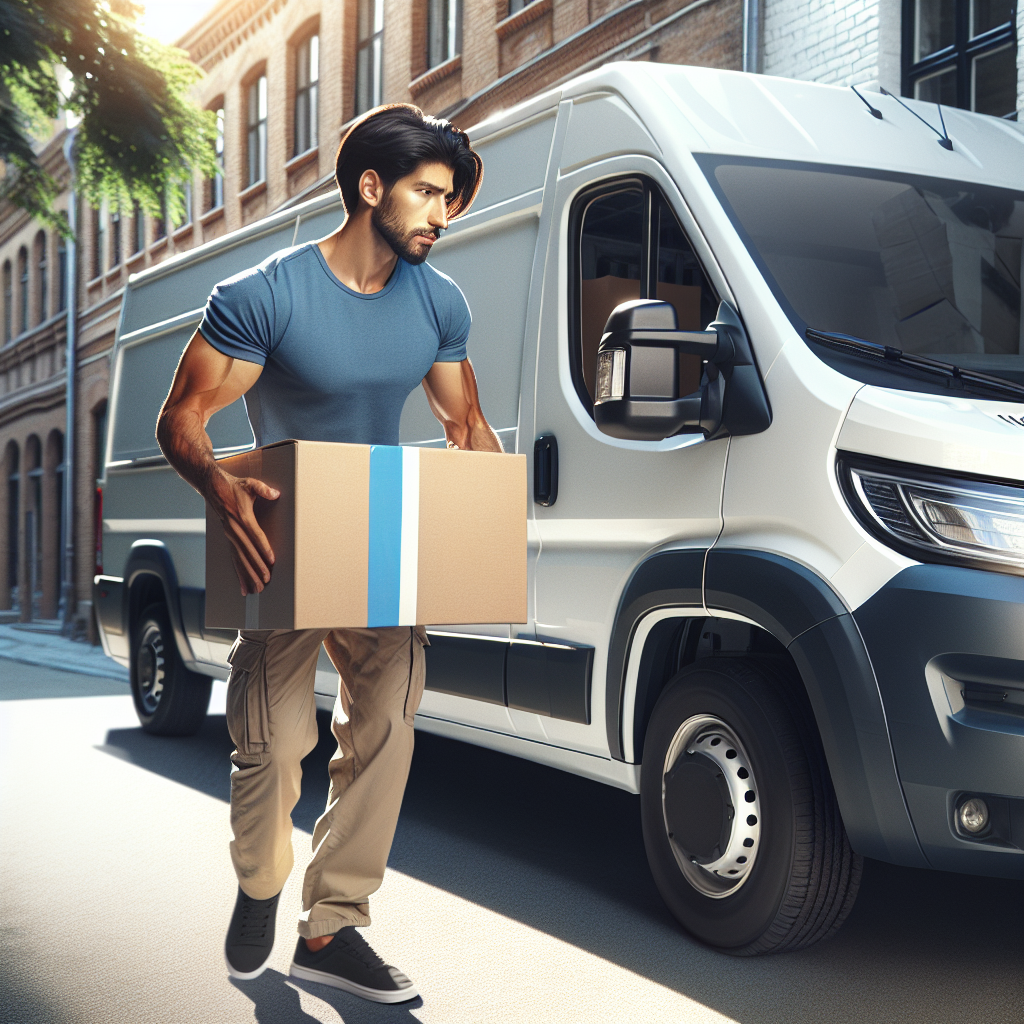 A man loading a box into a white van on a city street.