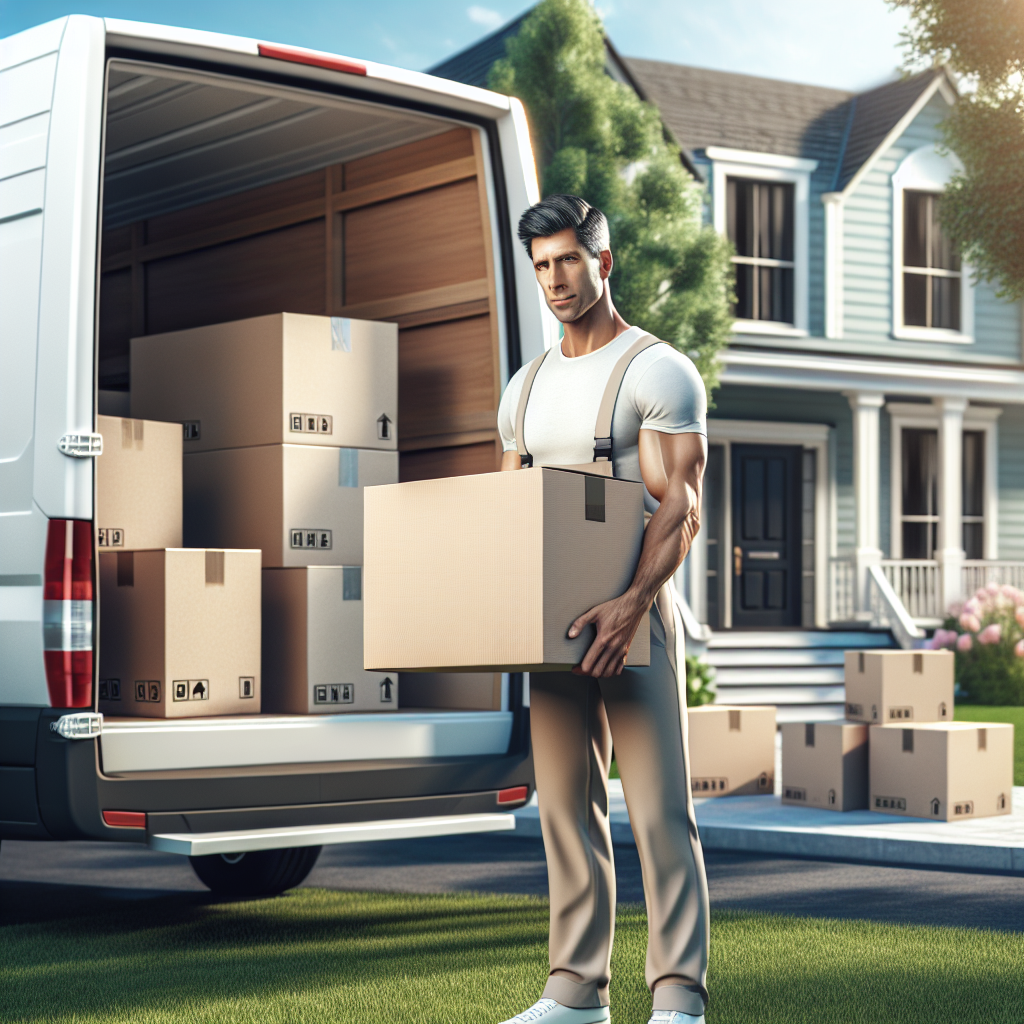 A professional mover loading boxes into a moving van outside a charming house.