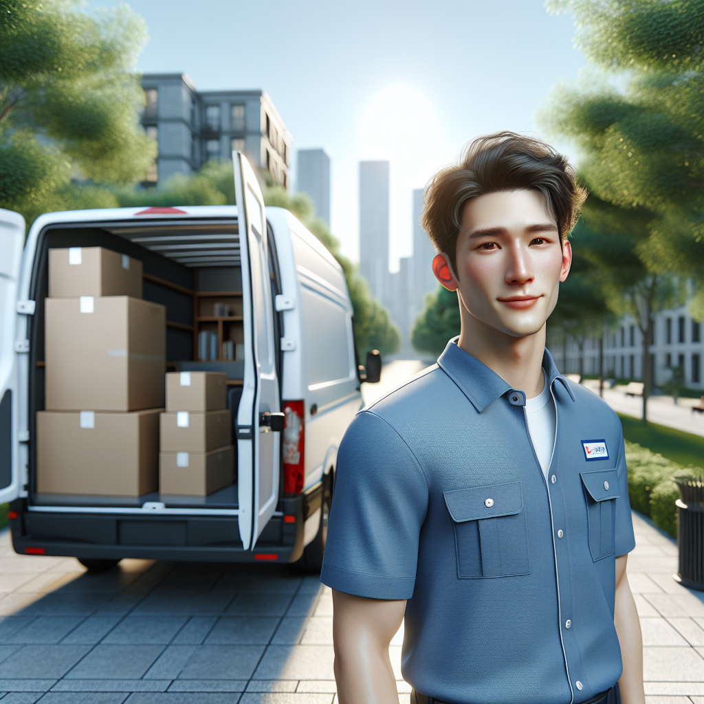 A man with a van ready for moving services in an urban setting.