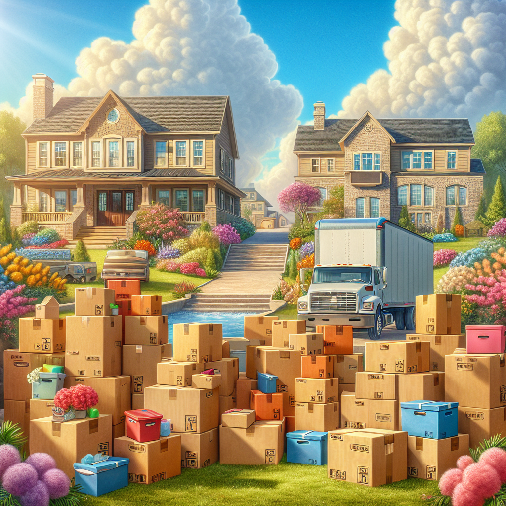 A well-organized moving day scene with packed boxes, two houses, and a moving van.