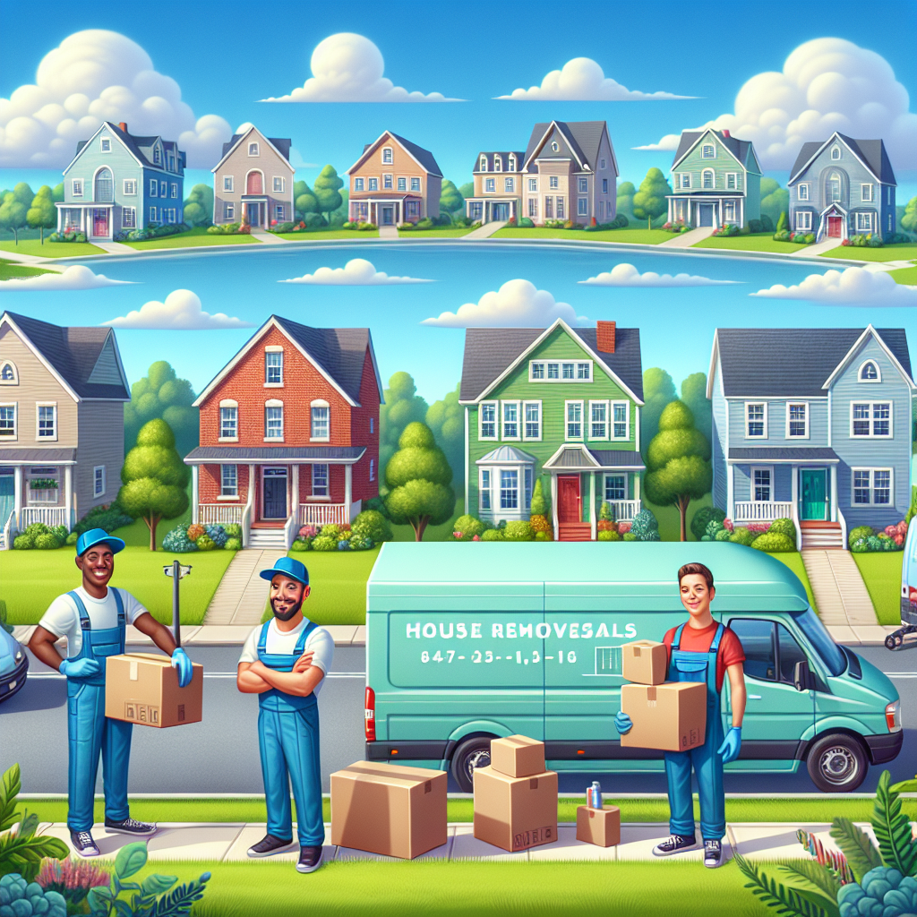 A scene showing house removals services with movers loading furniture into a van in a suburban neighborhood.