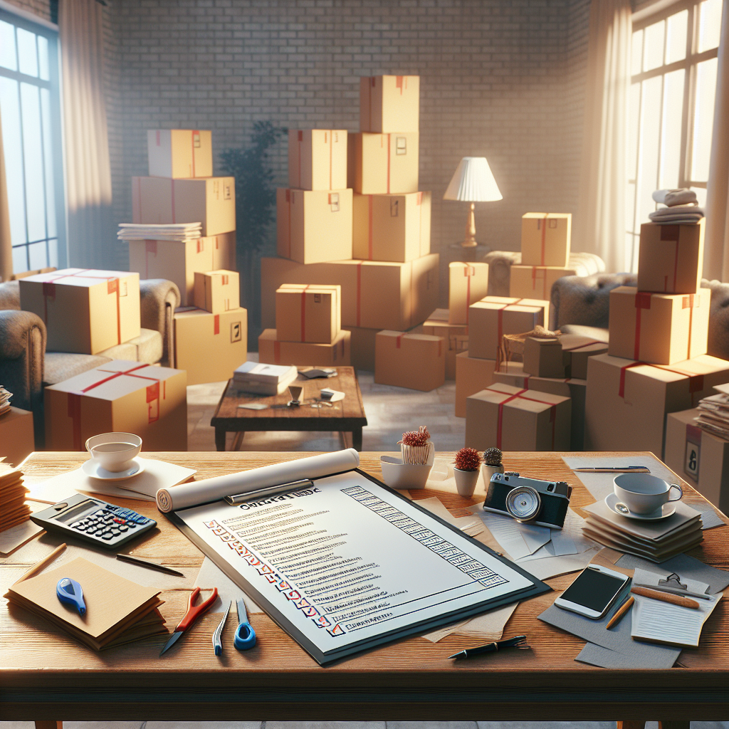 An organized workspace for house removals, featuring a checklist and labeled boxes.