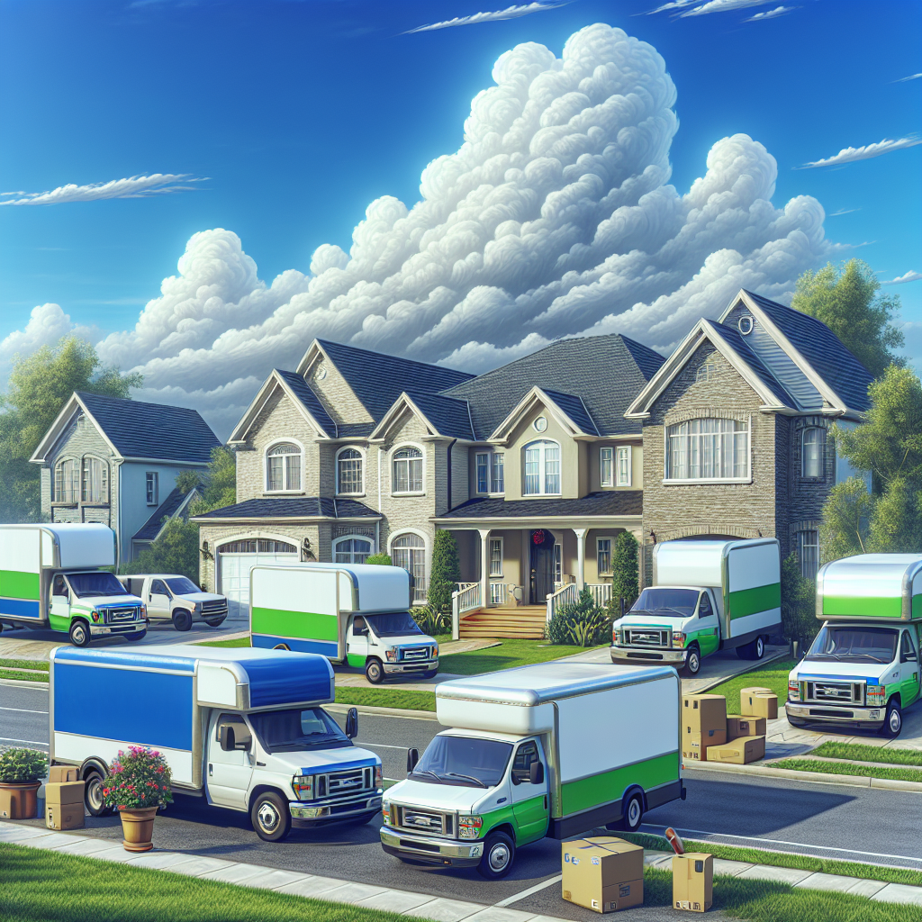 A variety of affordable moving vans parked outside a suburban home on a sunny day.