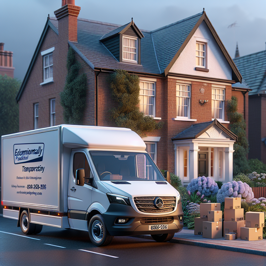 A modern moving van parked outside a suburban home with boxes stacked beside it.