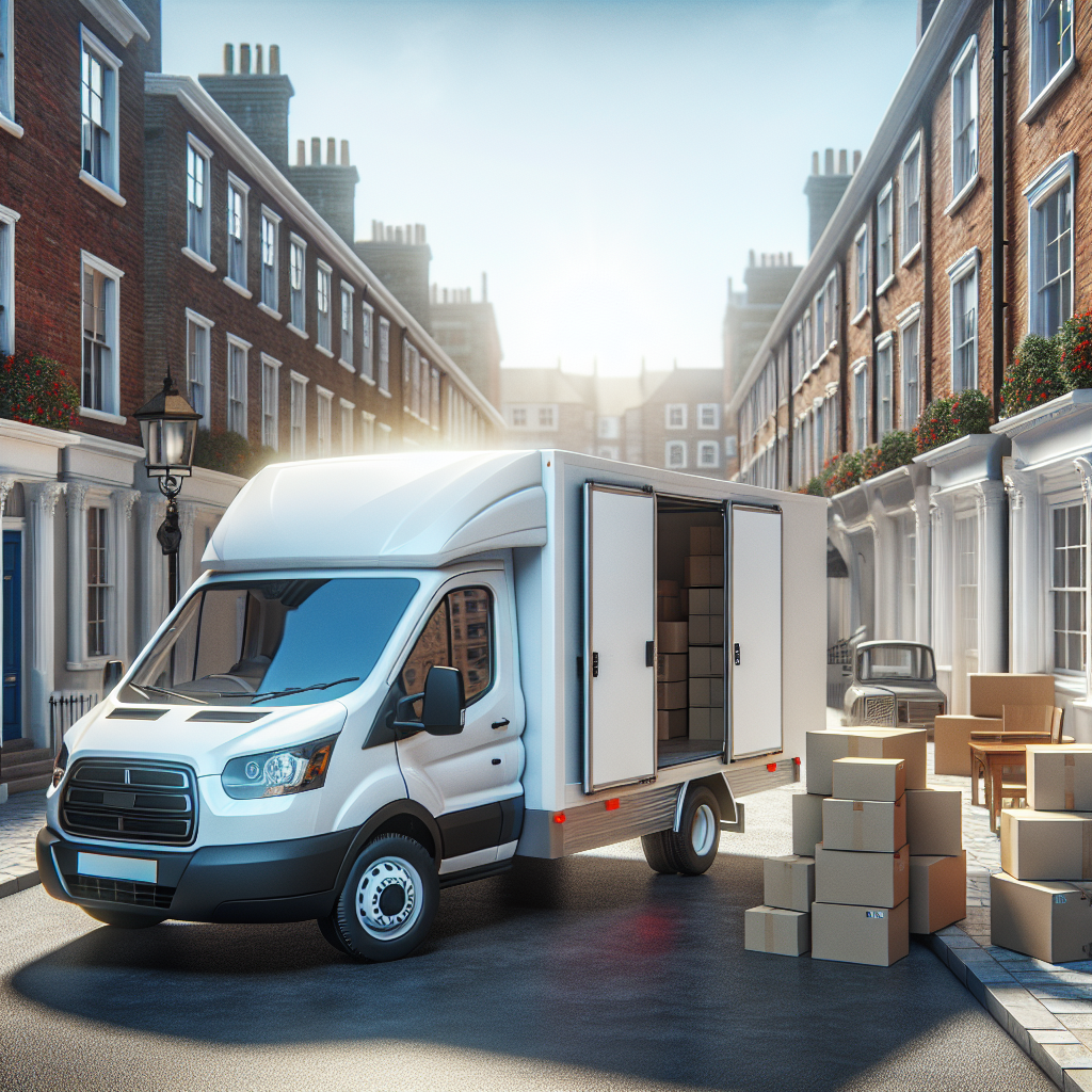 A large white UK van for removals parked in an urban setting, with moving boxes and furniture nearby.