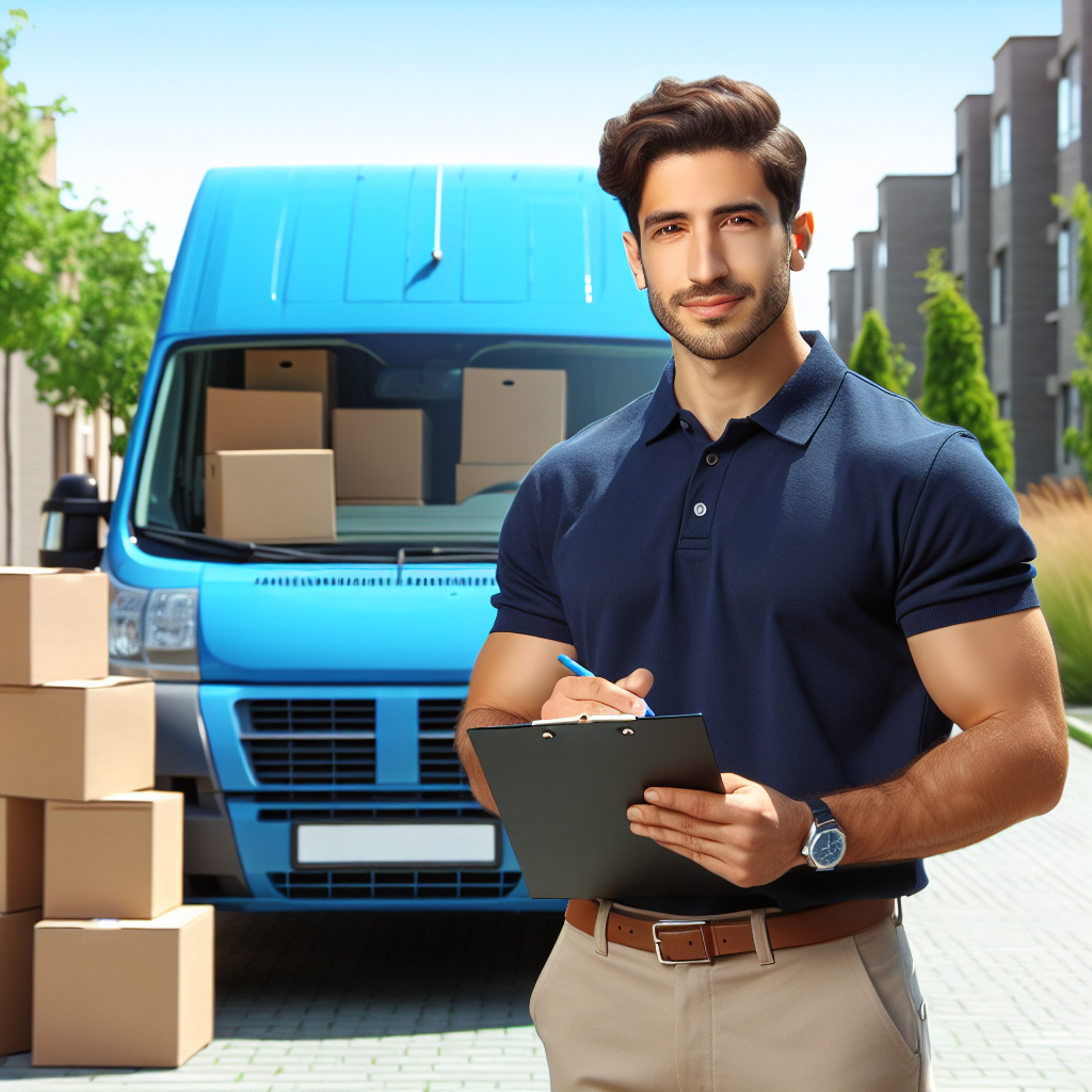 A man next to a blue relocation van filled with boxes, preparing for a move.