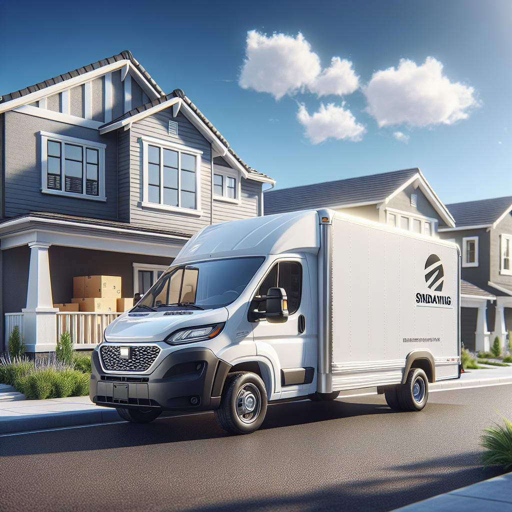 A modern moving van parked in a sunny suburban neighborhood.